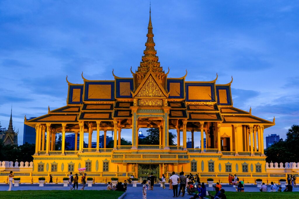 Stunning view of the Royal Palace in Phnom Penh, Cambodia, illuminated at dusk.